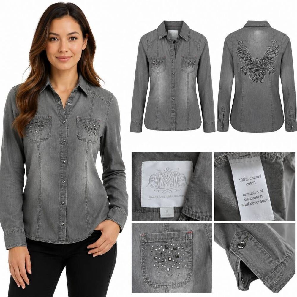 Maurices Premium Gray Embellished Chambray Button Shirt S
